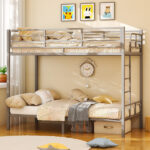 Grey Twin Bunk Bed Square Tube High Guardrail Side Ladder Opening Iron Bed - Image 7