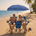 Portable Double Folding Beach Chair Set with Umbrella, 2-Person Outdoor Camping Chair with Cup Holders, Foldable Patio Chair for Picnic, Backyard, Travel, Blue - Image 6
