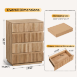 Handleless Grille-Finished 4-Drawer Bedside Table P2 Particleboard + MDF & Melamine Veneer + Thermoformed Drawer Dresser 23.62*14.96*30.71in Oak - Image 5