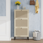 Rattan 3 Door Shoe Rack, Freestanding Modern Shoe Storage Cabinet, for Entryway - Image 2