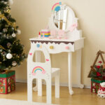Kids Vanity Table and Chair Set with 7pcs Pretend Play Makeup Toys, Girls Vanity with Mirror & Stool, 3 Drawers & Tabletop Storage, Princess Table for Toddlers, White - Image 7