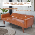 Modern PU Leather Futon Sofa with Tufted Backrest, Adjustable Reclining Couch with Wood & Metal Legs, Mid-Century Style Sofa for Living Room - Image 10