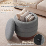 Round Rotating Storage Footstool with Solid Wood Frame, No Assembly Required Makeup Chair with 5.5 Gal Storage-Gray - Image 11