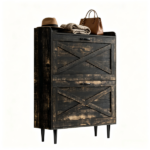 2-Drawer Top-Mounted Barn Door Shoe Cabinet Melamine Board Embossed MDF Shoe Cabinet 31.61*9.45*39.37in Black Oak - Image 2