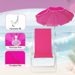 1 Pack Folding Beach Chair with Umbrella, XL Size, 15" Seat Height, Barbie Pink, Steel Spring Chair with Cross Bar, Oxford Cloth, 120kg Capacity - Image 13