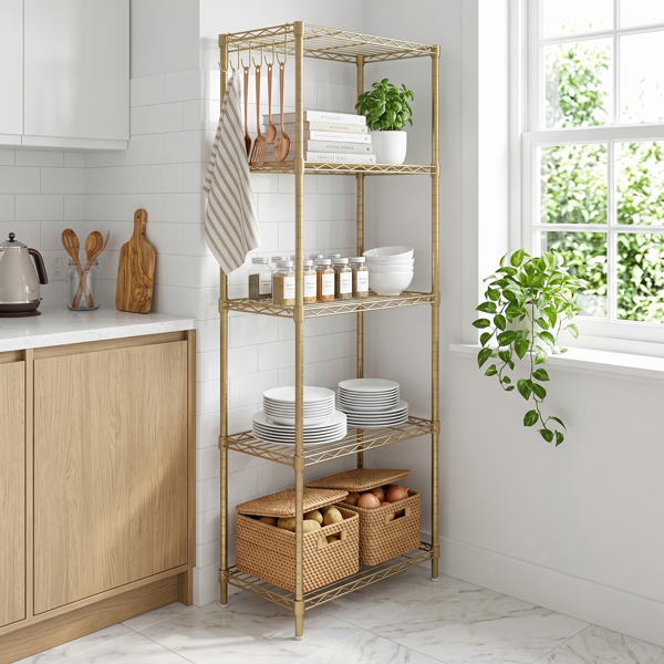 5-layer display rack with adjustable layer spacing, plug-in deformable structure, adjustable feet, made of iron, 54*29*150cm, powder-coated high-gloss gold finish