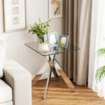 20" x 20" x 22.5" Glass Side Table, Silver Tempered Glass End Table with Intersecting Metal Base - Image 4