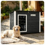 42.5" x 27" x 33.5" Outdoor Dog House with Sloped Asphalt Roof, Elevated Floor & Openable Roof Weatherproof Pet Kennel with PVC Door Curtain for Medium Large Dogs Gray - Image 2