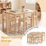Kids Wooden Table and Chairs Set (1 Table + 4 Chairs), Rubber Wood Toddler Activity Set (Natural - Image 6