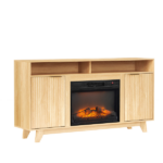 Oak Fireplace TV Stand with 23 Inch Insert, Double Grid Doors, Gold Handles & 2 Shelves, Media Console 58 x 13.6 x 32 Inch - Image 2