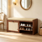 Brown Entryway Shoe Storage Bench – Padded Seat with 2 Rattan Doors for Hidden Shoe Storage - Image 4
