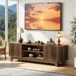 Not selling on Amazon Wood Fluted TV Stand for TVs up to 70 Inch, Mid Century Modern Low Profile TV Console Cabinet with Adjustable Open Storage Shelves & Double Slatted Cabinet Doors, Entertainment Media Center for Living Room, Walnut Brown - Image 7