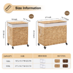 100L 2-Section Laundry Hamper with Lid and Wheels, Woven Natural Water Hyacinth Rolling Laundry Hamper - Image 3