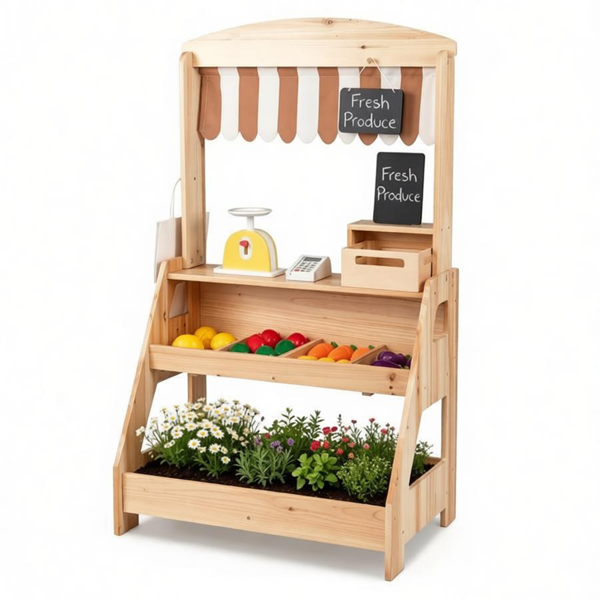 15cd49d0-5c30-438d-8159-f2b31a8875ae.png 2-in-1 Kids Outdoor Mud Kitchen & Farmers Market Stand, Carbonized Fir Wood Pretend Grocery Store with 25 Pcs Play Food Accessories Double Chalkboards Planter Box - Image 1