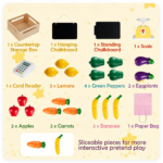 2-in-1 Kids Outdoor Mud Kitchen & Farmers Market Stand, Carbonized Fir Wood Pretend Grocery Store with 25 Pcs Play Food Accessories Double Chalkboards Planter Box - Image 6