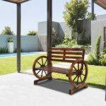 Replace 28138436 Rustic 2-Person Wooden Wagon Wheel Bench with Slatted Seat and Backrest, Brown - Image 13