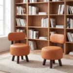 2-Piece Orange Small Footstools, Faux Leather Upholstery & Solid Rubber Wood Legs, 330LBS Load Capacity - Image 9