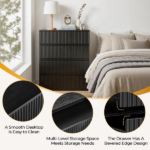 Handleless Grille-Finished 4-Drawer Bedside Table P2 Particleboard + MDF & Melamine Veneer + Thermoformed Drawer Dresser 23.62*14.96*30.71in Black - Image 12