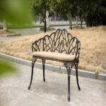 Tulip Patio Garden Bench Metal Park Bench Cast Aluminum Outdoor Furniture with Floral Rose for Patio,Park,Lawn,YardBlack withe cushion - Image 2