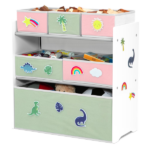 Design & Store 6 Bin Toy Storage Organizer with Interchangeable Patches, Green/Pink - Image 6