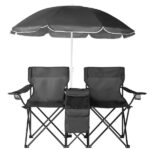 Portable Outdoor 2-Seat Folding Chair with Removable Sun Umbrella Black - Image 10