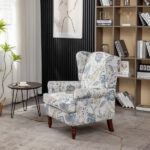Modern Accent Chair with Retro Wood Legs, Comfy Upholstered Armchair, Floral Design Single Sofa Chair for Living Room Bedroom Office - Floral Blue - Image 7