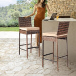 Set of 2 Patio Wicker Barstools, Outdoor Bar Height Chairs with Seat Cushions & Footrests for Patio Porch Backyard Living Room Balcony, Brown Gradient Rattan & Beige Cushion - Image 10