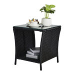 Outdoor Patio Wicker Side Table, Square End Table Bistro Coffee Table with Glass Top Storage Shelf for Porch Garden Backyard Black - Image 9