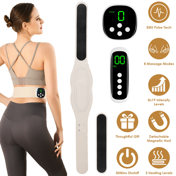 Portable EMS Back Heating Pad Massager, 19 Intensity Levels, 3 Heating Modes (104-122℉), Wireless Rechargeable, Universal Fit Waist Belt, Ideal Gift for Women Men for Pain Relief & Relaxation