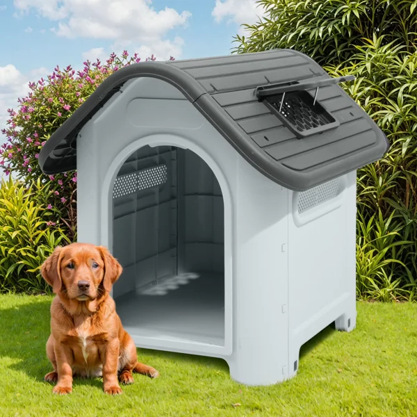 Waterproof Plastic Dog House with Adjustable Skylight and Elevated Floor, Outdoor Indoor Doghouse Puppy Shelter,Gray,30''Lx 23.3''Wx 26"H (Shipment from Walmart)