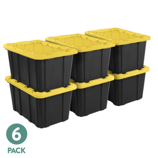 Large Storage Bin, 27 Gallon Durable Plastic Storage Tote with Snap-On Lid, Black and Yellow, 6 Pack (Shipment from Walmart)