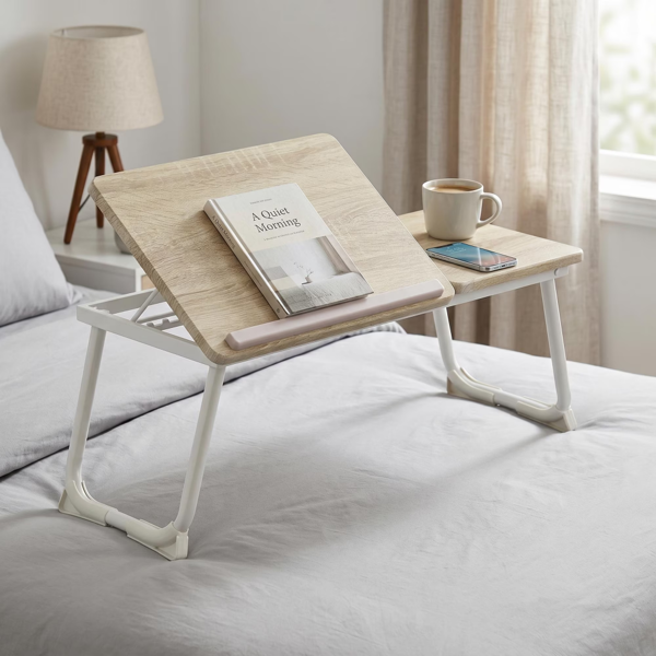 Folding Table with Adjustable Tilt Top and Foldable Legs, Natural Oak/White