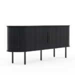 Black Embossed Particle Board TV Stand, Oval Tabletop 147×35×58cm, Entertainment Center with Slatted Sliding Doors, Modern Media Console Cabinet for Living Room - Image 10