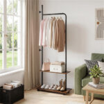 Industrial Rolling Clothing Rack with 2 Wooden Shelves & Hooks, Freestanding Garment Rack for Bedroom Entryway - Image 9