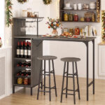 3PCS Bar Table & Stools Set, Wine Storage (6 Bottles + Wine Glass Holder), Oak - Image 2