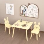 Kids Table and Chair Set with 2 Bunny Chairs, Children's Wooden Activity Table for Toddlers, Cute Animal Design Study Play Set for Playroom, Bedroom, Classroom - Cream Yellow - Image 5