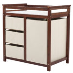 Brown painted pine wood frame children's bed with removable top, 87*53*87.5cm, includes 3 fabric drawers and 1 fabric bag, and a changing table - Image 15