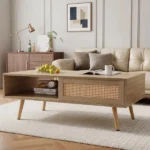 41.3 Inch Rattan Coffee Table with Sliding Storage Door, Rectangle Wooden Accent Center Sofa Table with Solid Wood Legs,Suitable for Living Room,Natural (Shipment from Walmart)