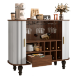 39" Fluted Liquor & Coffee Bar Cabinet with 6 Wine Racks and 3 Glass Holders, Mid-Century Modern Bar Cabinet with A Large Storage Drawer ,4 Hidden Storage Space on the Side , White - Image 12