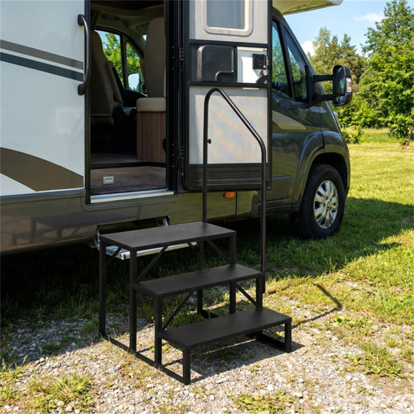 18633402_1 Heavy Duty 3-Step RV Step Stool with Adjustable Handrail 660LBS Capacity Metal Stairs - Image 1