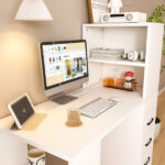 White Computer Desk with 4-in-1 Socket, the Desk with 3 Slide Drawers and 4 Storage Levels, the Wooden Desk is Suitable for a Variety of Places - Image 6