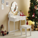 Kids Vanity Set with Mirror and Lights and Stool, 5 Storage Drawers, Pretend Play Princess Makeup Desk Dressing Table and Stool Set for Little Girls Age 3+, Macaroon White - Image 4