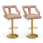 Luxury Dutch Velvet Bar Stools with Adjustable Height (25"-34"), Swivel Seat & Gold Metal Base - PINK