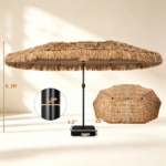15x9ft Double-Sided Tiki Patio Umbrella with Heavy Duty Weighted Base , 12 Metal Ribs Hawaiian PE Thatch Outdoor Market Umbrella Water Resistant Polyester Canopy for Poolside Tiki Bar Backyard - Image 3