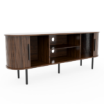 Walnut Embossed Particle Board TV Stand, Oval Tabletop 147×35×58cm, Modern Entertainment Center with Sliding Grid Doors, Media Console Cabinet for Living Room Bedroom - Image 5
