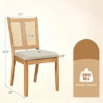 2 Pack Rubber Wood Dining Chairs, PVC Woven Rattan Back Side Chairs with Padded Fabric Seat, Ergonomic Armless Kitchen Chairs Supports 380LBS Each - Image 2