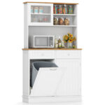 68-Inch Tilting Trash Cabinet with Hidden Trash Can & Multi-Storage Compartments, White & Natural Wood
