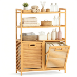 Natural Bamboo Tilt Out Laundry Hamper Cabinet with 2 Removable 7 Gallon Fabric Baskets, Open Storage Shelves Ventilated Slatted Design Anti-Tip Laundry Sorter for Bathroom Bedroom Laundry Room - Image 3