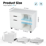 3-Drawer File Cabinet with Wheels, Rolling Wood Printer Stand with Open Storage Shelves for Home Office, White - Image 2