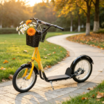 Orange 16" Inflatable Youth Scooter: Kick Scooter with Adjustable Handlebars, Double Brakes, Front Basket and Cupholder - Image 6